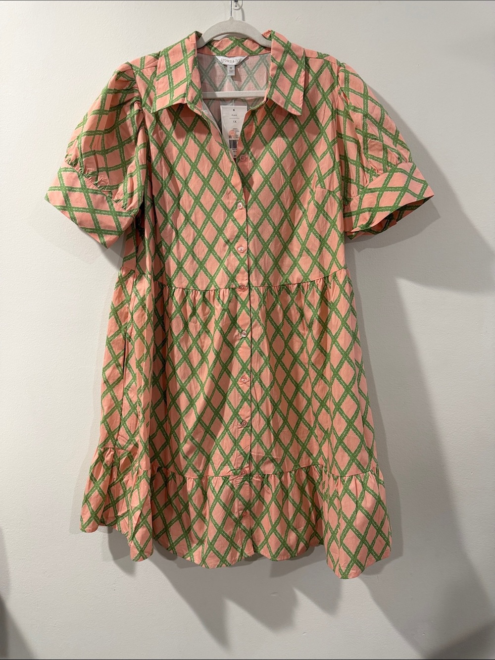 crown & ivy Peach Dress with Green Lattice Print
